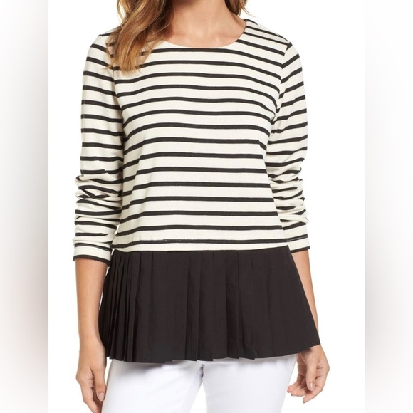 Pleione Sweaters - Pleione | Pleated Black & White Stripe French Terry Top Sz L